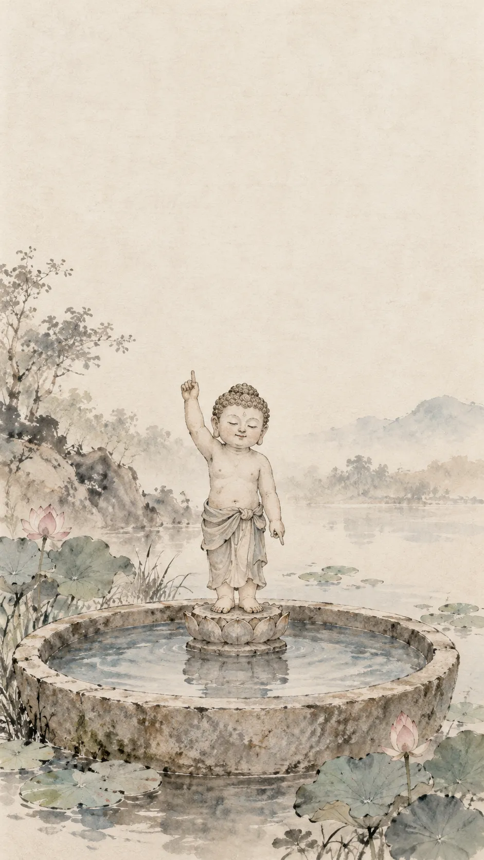 한지에 그린 연못가 그림. 넓은 돌 관불반 가운데 작은 연꽃 받침 위에 아기 부처님이 서서 한 손은 하늘을, 한 손은 땅을 가리키고 있어요.